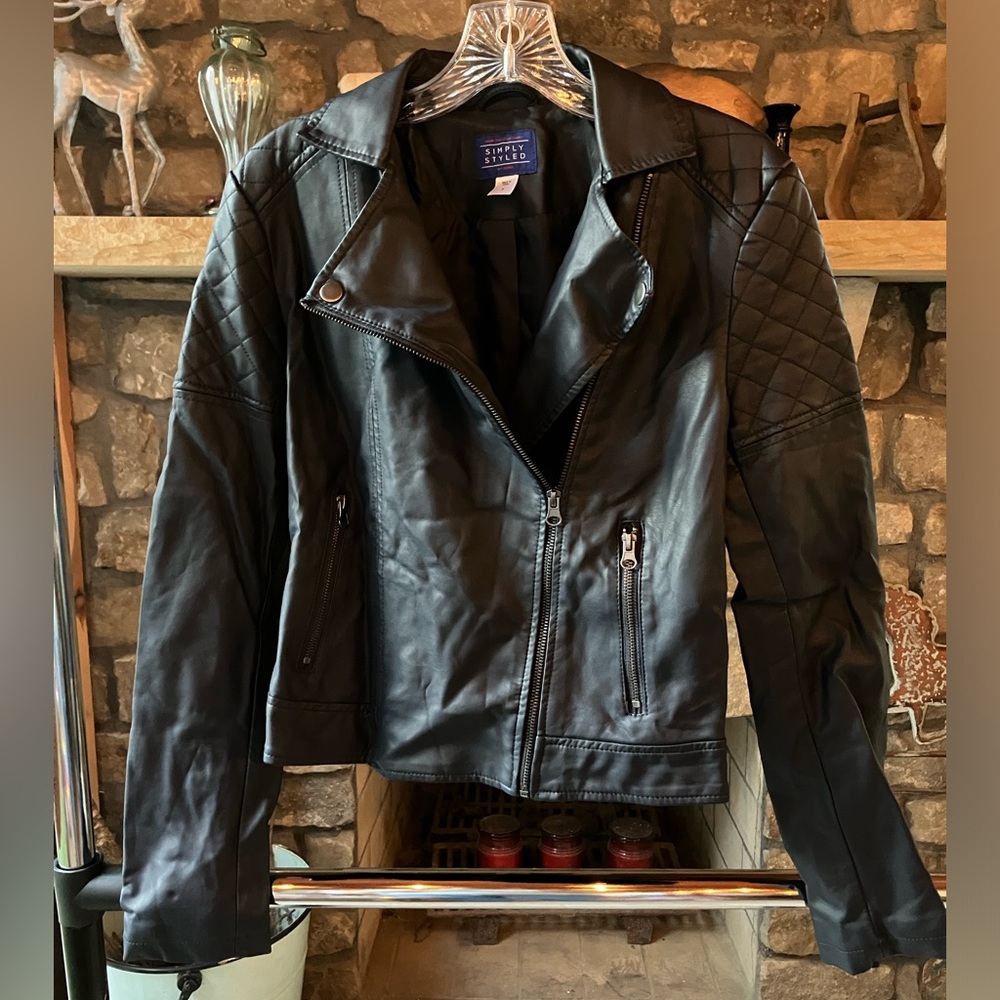 Simply Styled small navy blue faux leather moto jacket